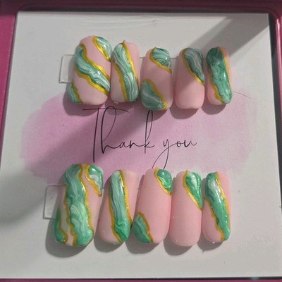 Pink Green Gold 3D Abstract Medium Square Press-On Nails Set Full Cover