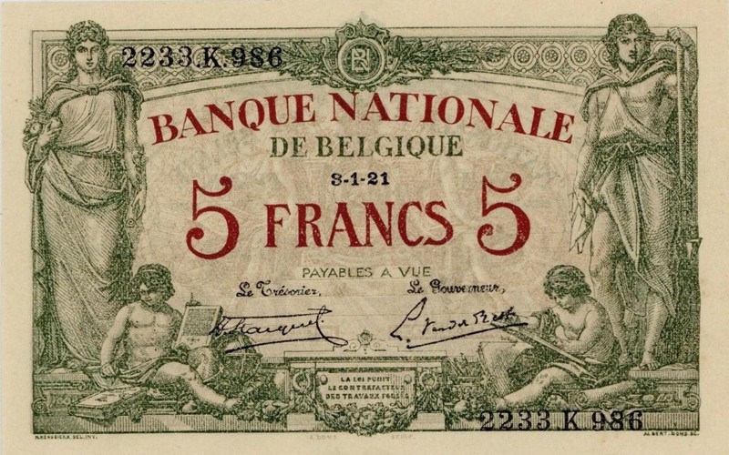 Belgium 5 Francs Currency Banknote 1921 XF