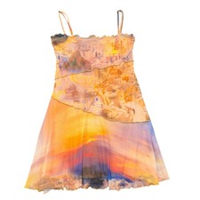 Santorini Sunset Mesh Mini Dress S Euro Y2K Asymmetric Lettuce Trim Slip
