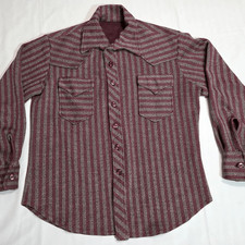 VINTAGE MENS MEDIUM 60'S 70'S POLY HEAVY LS SHIRT WING COLLAR RED BAJA STRIPE