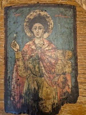 Antique Hand-Painted Orthodox Icon on Wood Panel From Greece Greek