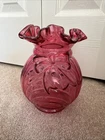 Fenton Art Glass Cranberry Opalescent 6.5” Vase Bow frosted Ruffled Edge Estate