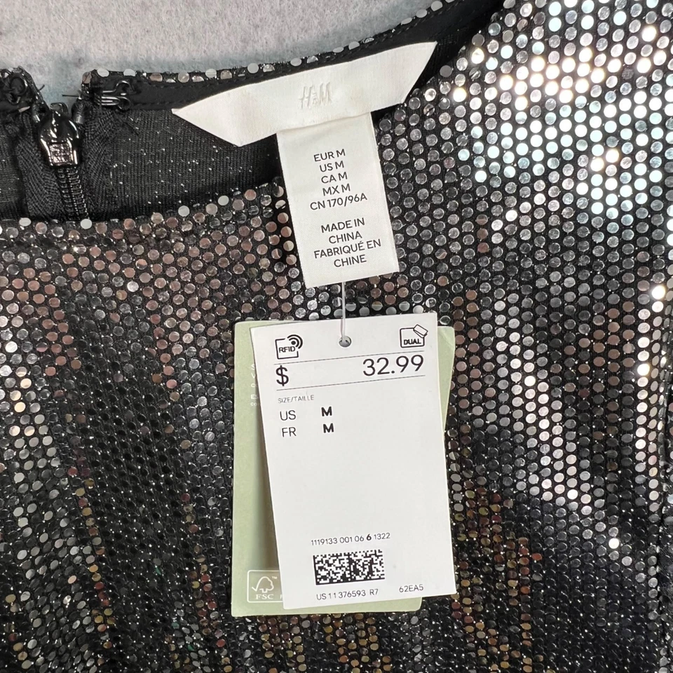 Vestido de fiesta H&M plateado lentejuelas manga larga para mujer talla mediana ¡NUEVO! Foto 3 de 4