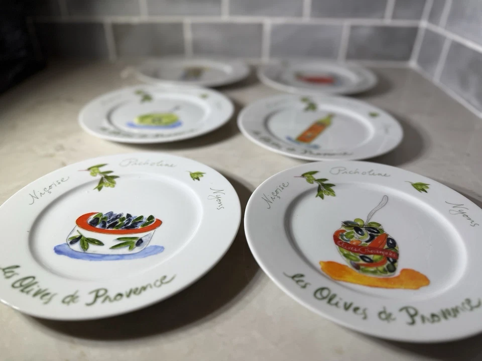 Set of 6 Crate & Barrel “Les Olives de Provence” 8” Salad Plates Revol Porcelain - Image 4 of 4