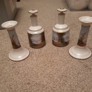 PAIR OF CANDLE STICK HOLDERS CERAMIC. plus 2 matching bottles