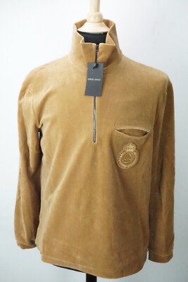 Giorgio Armani Black Label Gold Velour LOGO 1/4 Zip Pullover Sweater Sz 48 NEW