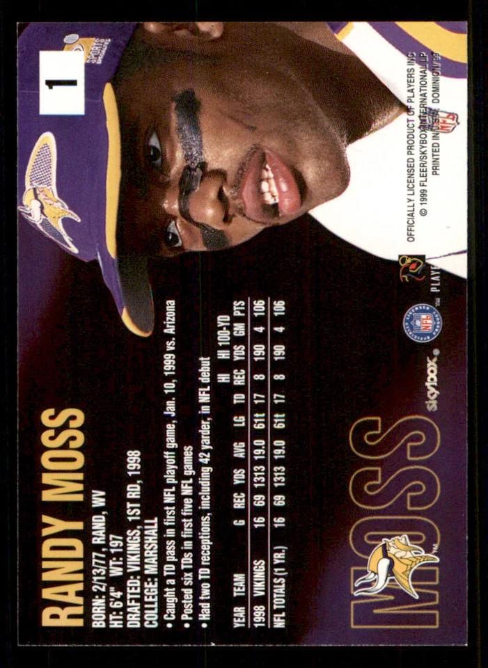 1999 SkyBox Dominion #1 Randy Moss - Image 2 of 2