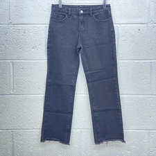 BLACK STRAIGHT LEG DENIM JEANS RAW HEM DISTRESSED HIGH WAIST Y2K UK 10