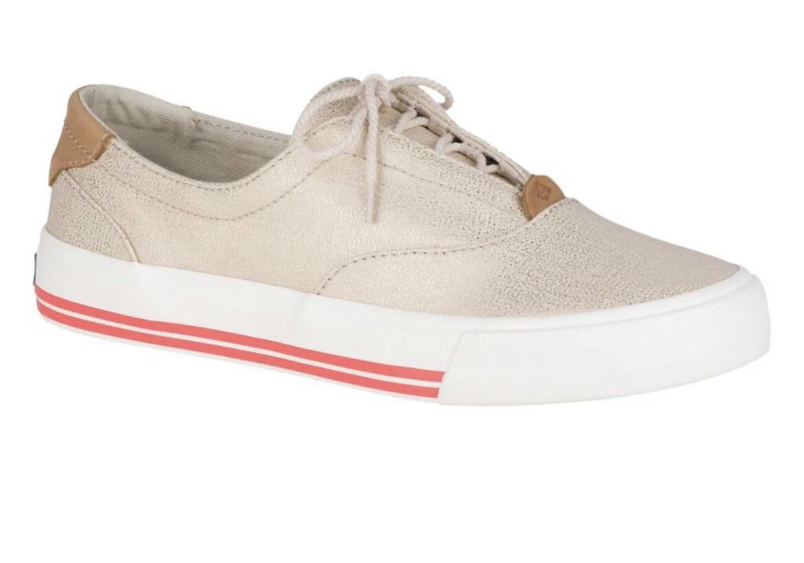 Sperry Crest Edge Metallic Sneakers Women’s Sz 8.5 Lace Up Oatmeal Cushion Beige