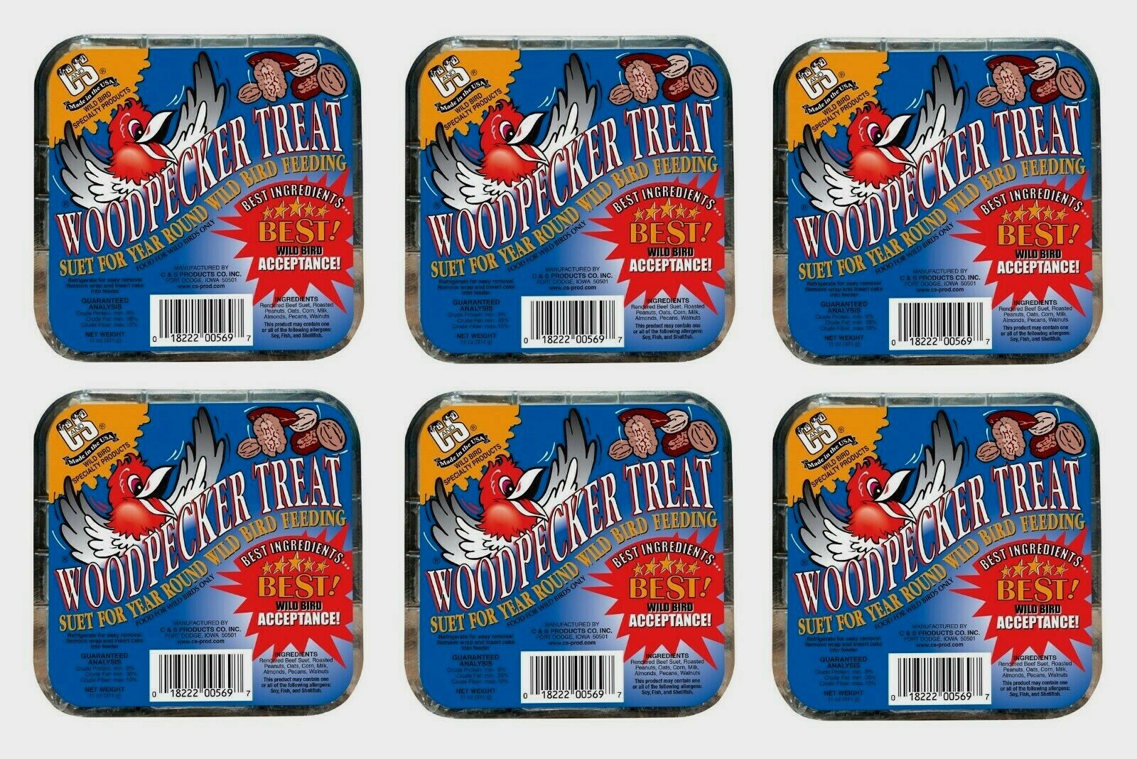 6~ C&S Products WOODPECKER TREAT Beef Suet 11 oz Assorted Species Wild Bird Food