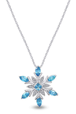 Snowflake Pendant 18'' Necklace Sterling Blue & White Simulated Diamond