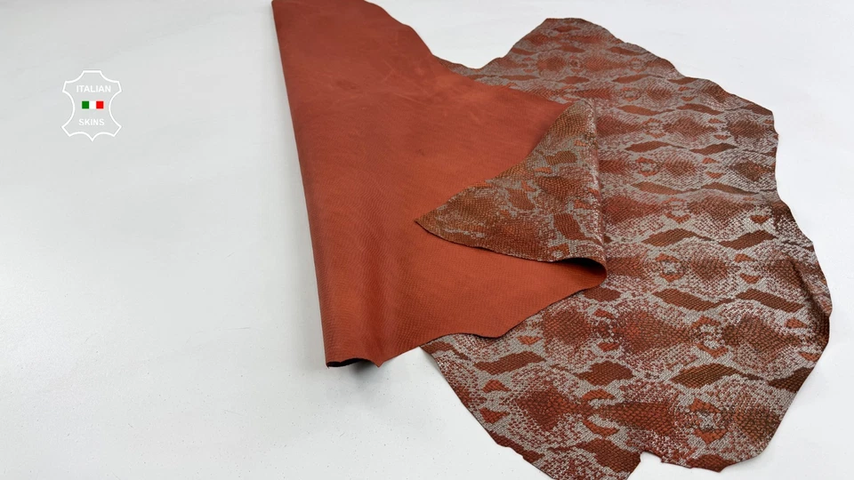 METALLIC GUNMETAL SNAKE PRINT ON TERRACOTTA Calf Leather hide 9+sqf 0.8mm #C6798 - Image 3 of 4