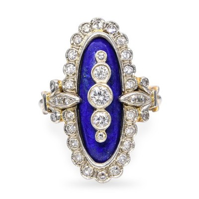 Vintage 14k Gelbgold Lapislazuli und 1,35ctw Diamant Navette Ring