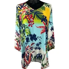 John Mark 100% Silk Blouse Large NWT V-Neck Tunic 3/4 Cutout Sleeves Floral