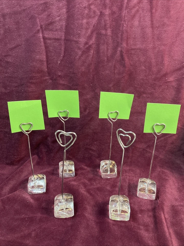 Lote de 6 soportes de exhibición de tarjetas de notas con base de vidrio metálico tono plata corazones, 4,5" de alto Foto 4 de 4