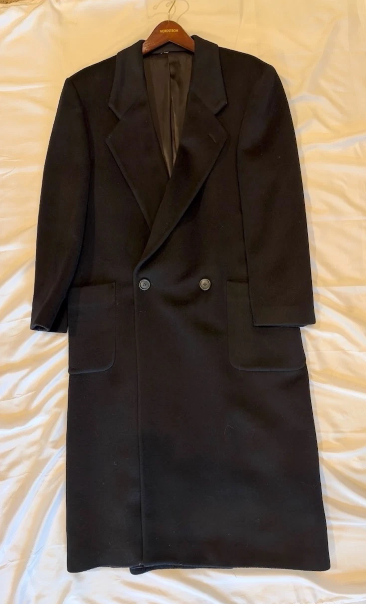 Perry Ellis Classic 80's Overcoat Mens 40 Black Double Breasted 100% Wool image 1