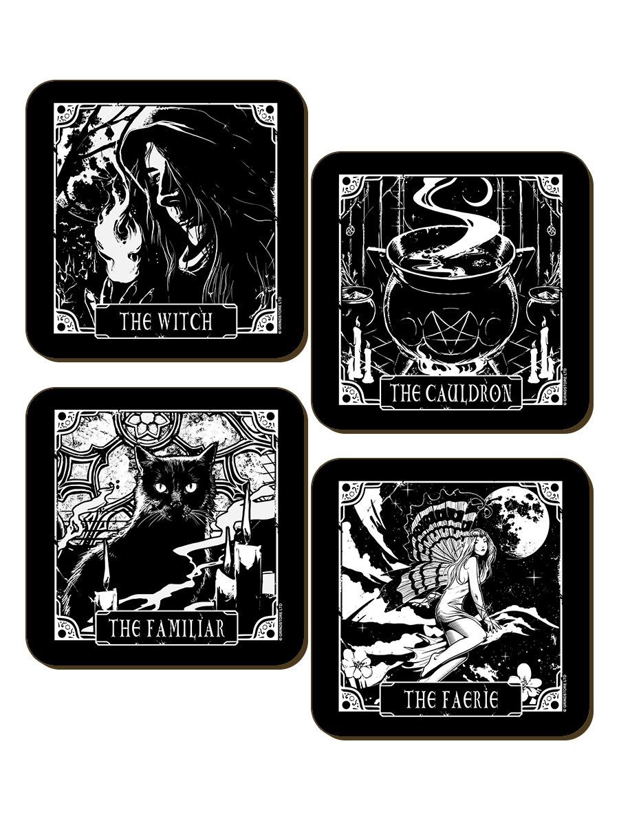 Deadly Tarot Coaster Set Witch, Cauldron, Familiar & Faerie 4 Piece Black