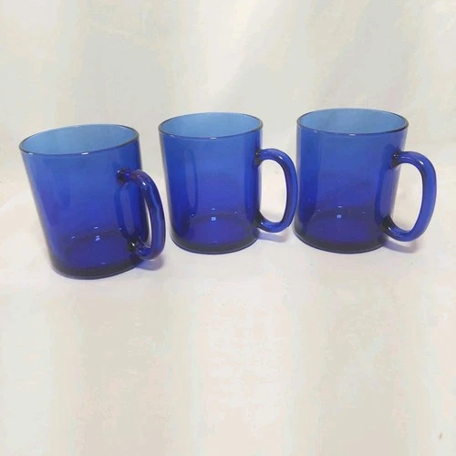 3 Arcoroc France Cobalt Blue Glass Coffee/Tea Mugs - 10 oz Vintage
