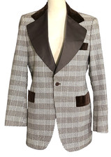 VINTAGE Tuxedo Jacket AFTER SIX BROWN PLAID SILVER METALLIC VELVET SATIN 1970's