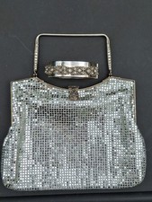 Art Deco Silver Mesh Purse Metal Top Handle W/Crossbody Strap Cuff Bracelet Vtg