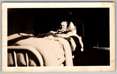 Vtg B&W Snapshot Man Hospital Bed With Blanket 1940s