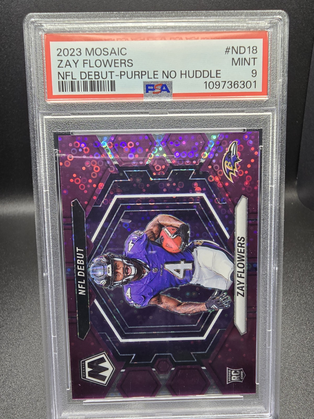 2023 Mosaic Zay Flowers NFL Debut Purple No Huddle /50 PSA 9 Ravens RC