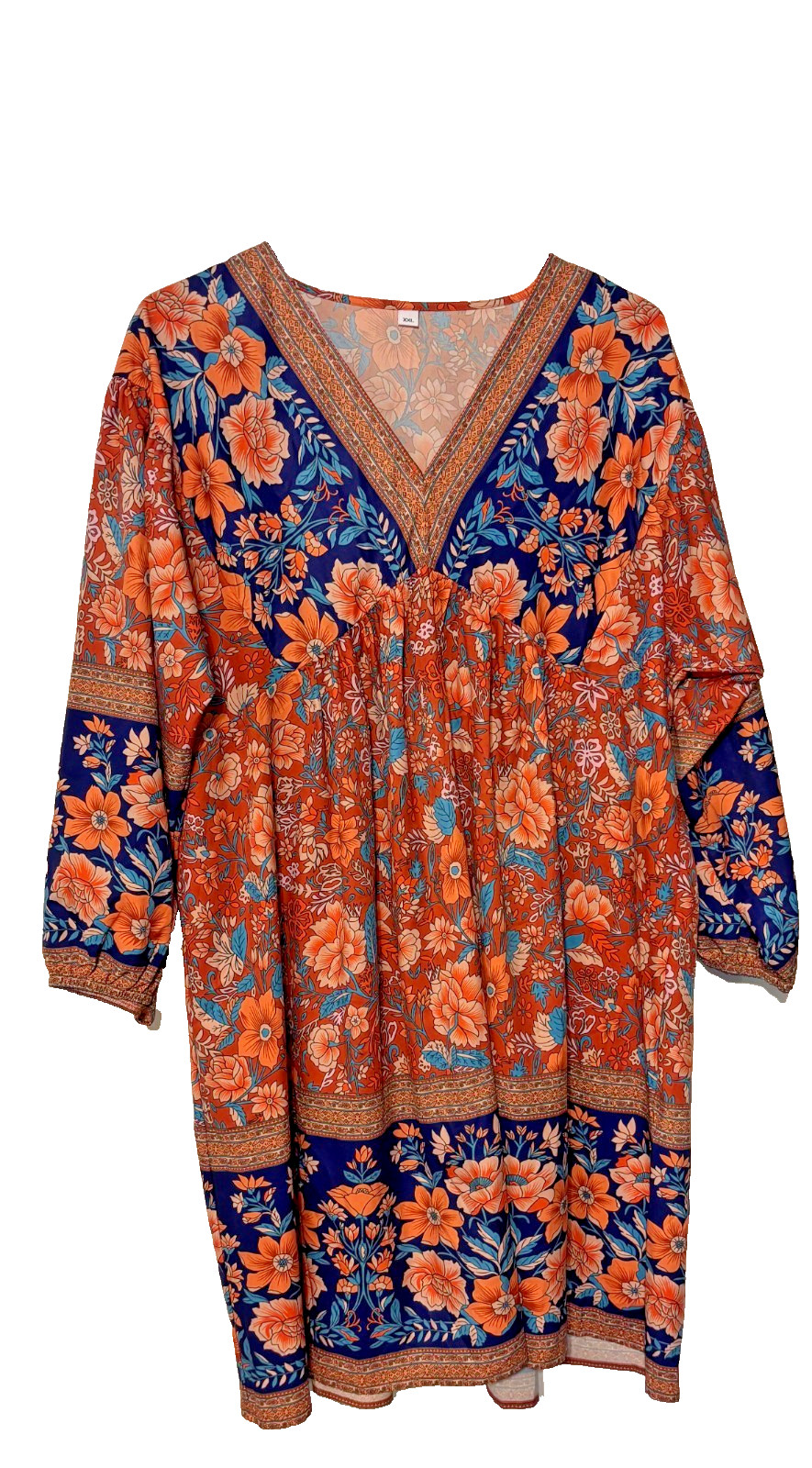 Women’s XXL Orange Floral Boho Tunic Dress V-Neck Empire Waist Fall Festival