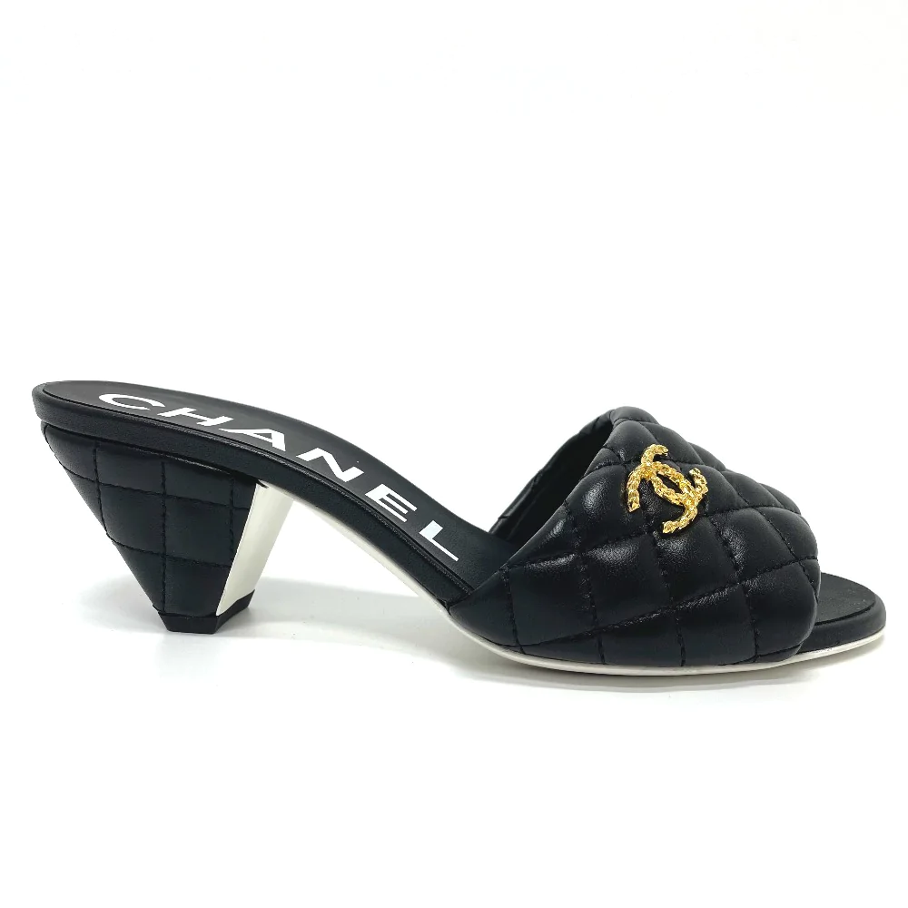 Chanel REV Black Lambskin Quilted CC Gold Logo Cone Heel Chanel REV Black Lambskin Quilted CC Gold Logo Cone Heel