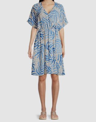 $169 Nic+Zoe Women's Blue Self-Tie Palm Dot Fit & Flare Dress Size M