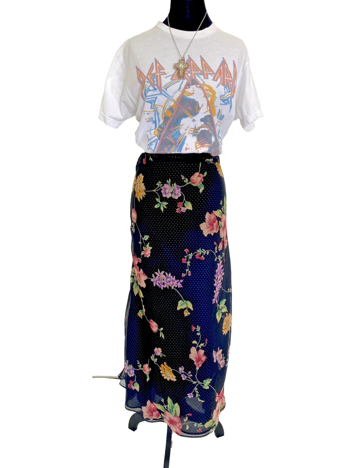 Maxi Falda Vintage Reversible Floral Lunares Notations Y2K 2000 Grande Foto 4 de 4