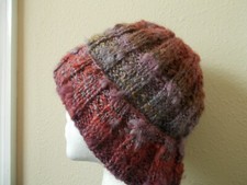 Hand knitted cozy and warm wool blend hat, red/brown/mauve/gray