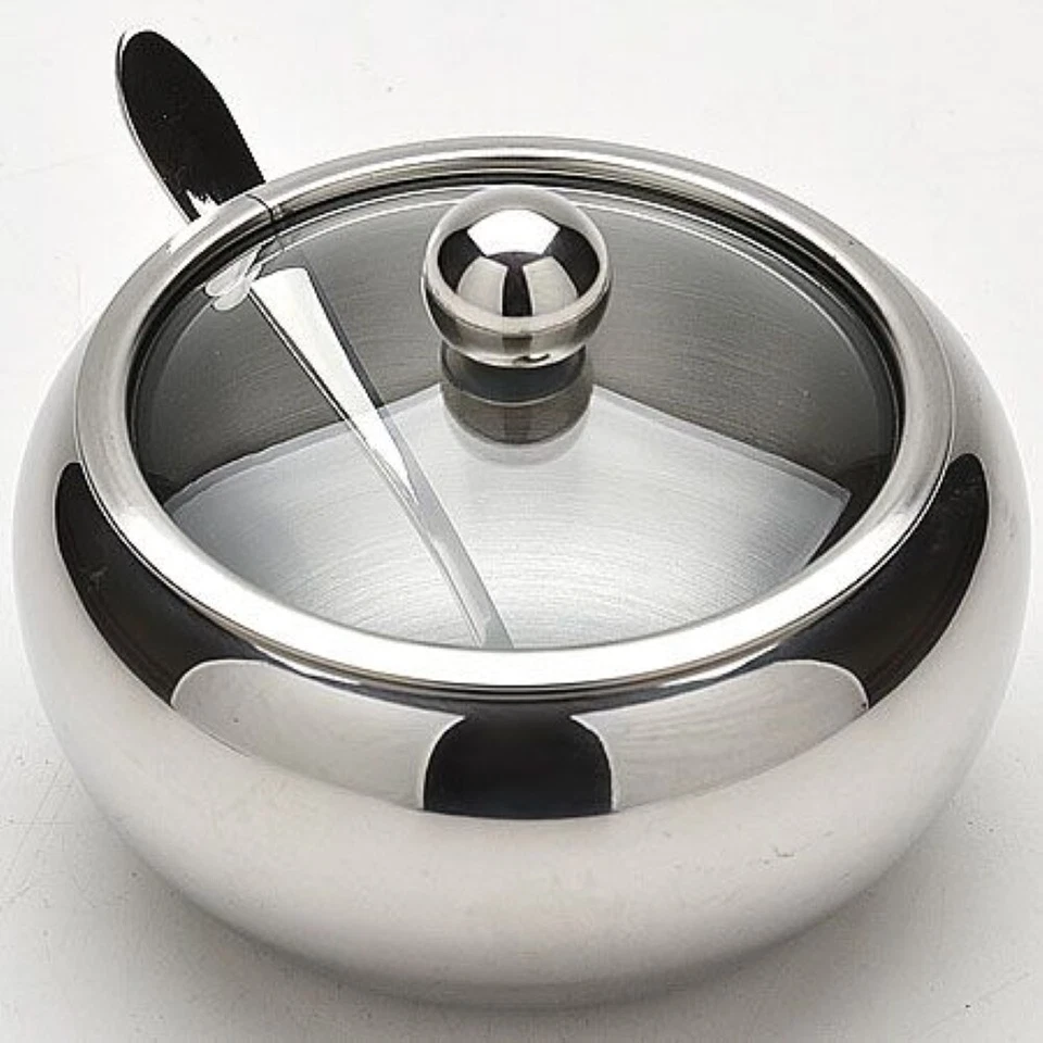 Azúcarero de acero inoxidable con tapa de vidrio y cuchara Foto 2 de 3