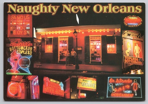 Postcard NAUGHTY NEW ORLEANS Bourbon Street honky-tonk, neon, and exotic dancers