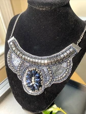 Victorian Revival Silver Black Crescent Bib Necklace