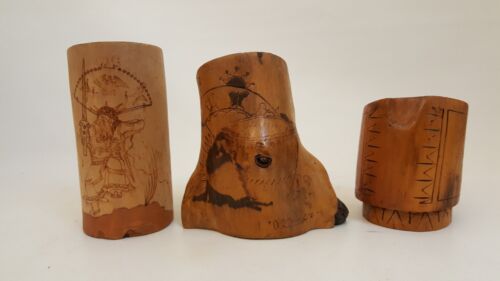 3 wood cups / vase signed Apache folk art San Carlos vintage 70s - Picture 1 of 12