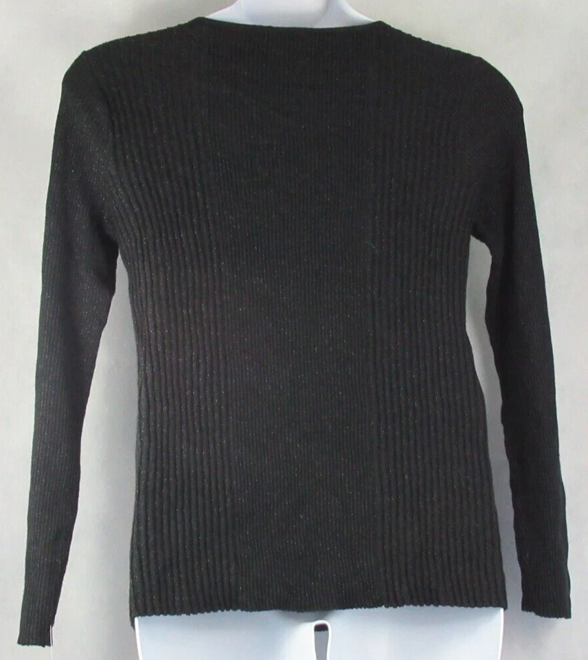 Alfani 女式金属罗纹针织 V 领套衫毛衣,黑色光泽,中号 — 第 2/2 张图片