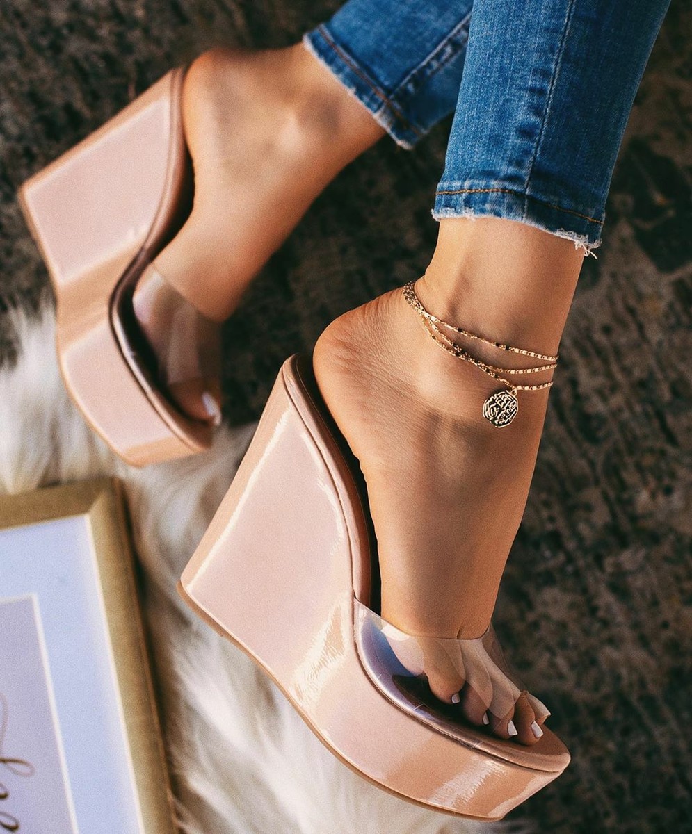 New Transparent Clear Peep Toe Cork Wedge Platform Heel