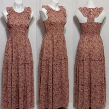 Melloday Racerback Floral Paisley Smocked Tiered Maxi Dress XS Romantic Boho