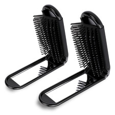 2 Pcs Foldable Hair Brush with Mirror Portable Travel Pocket Black