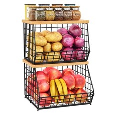 2 PCS XXL Stackable Wire Basket Wooden Tops Pad Kitchen Counter Organizer Bin