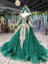 Wedding Dresses V Neck Long Sleeve Appliques A-Line Pleated Floor Bridal Gown