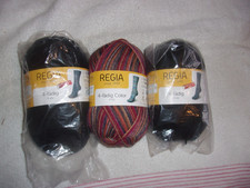 3 x 100g Assorted Regia 4 ply Sock Yarn 75% Wool, Black # 02066 x 2, # 04768 x 1