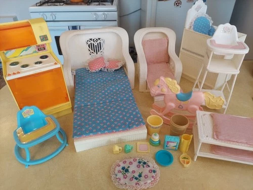 Vtg Barbie Dream House Furniture Lot Wicker White Patio Chair Sofa Baby Nursery