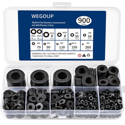 #ad 900 Piece Nylon Flat Washer Assortment Kit Black Plastic Flat Washers $10.12