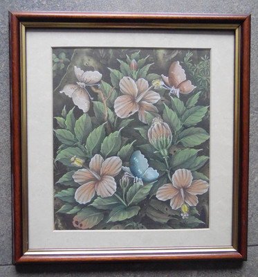Schmetterling + Hibiskusblüten. Original Bali Aquarell Osih Penusuan 89