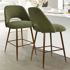 Set of 2 Upholstered Counter Height Bar Stools Walnut Finish Metal Legs