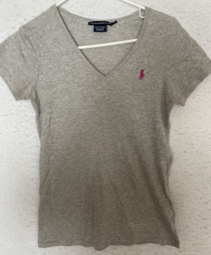 Ralph Lauren Sport Womens Shirt Size S Gray V-neck pink Pony short sleeve - Picture 1 of 7