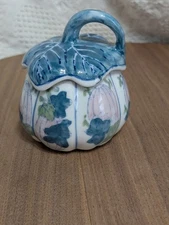 Ceramic Pumpkin Squash Covered Trinket Dish Green And White Decor China