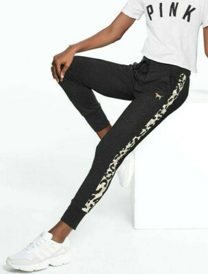 Victoria's Secret Pink Leopard Skinny Jogger Pants Colorblock Gray Ocelot M L 