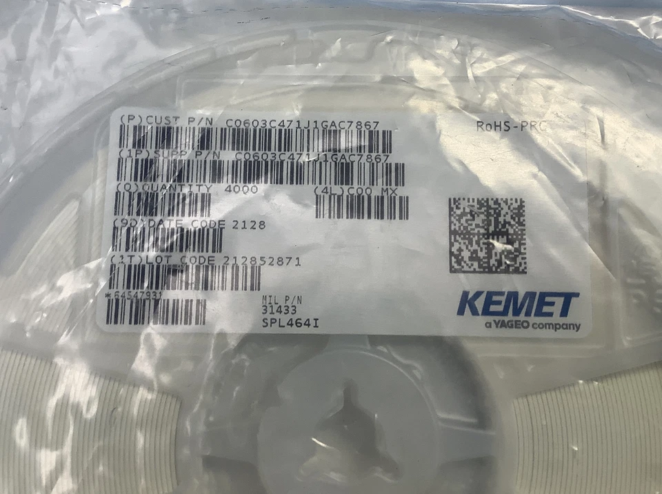 Resistencias 4000 Piezas KEMET SMD/SMT 470PF 100V 5% 0603 C0603C471J1GAC7867 Foto 2 de 3